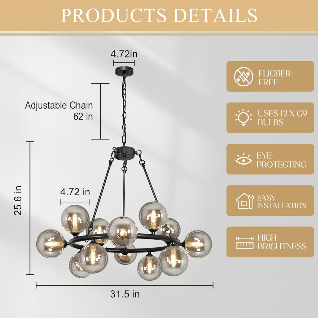 Wagon Wheel Chandelier Modern Sputnik Globe Dining Room Light Fixture 32''