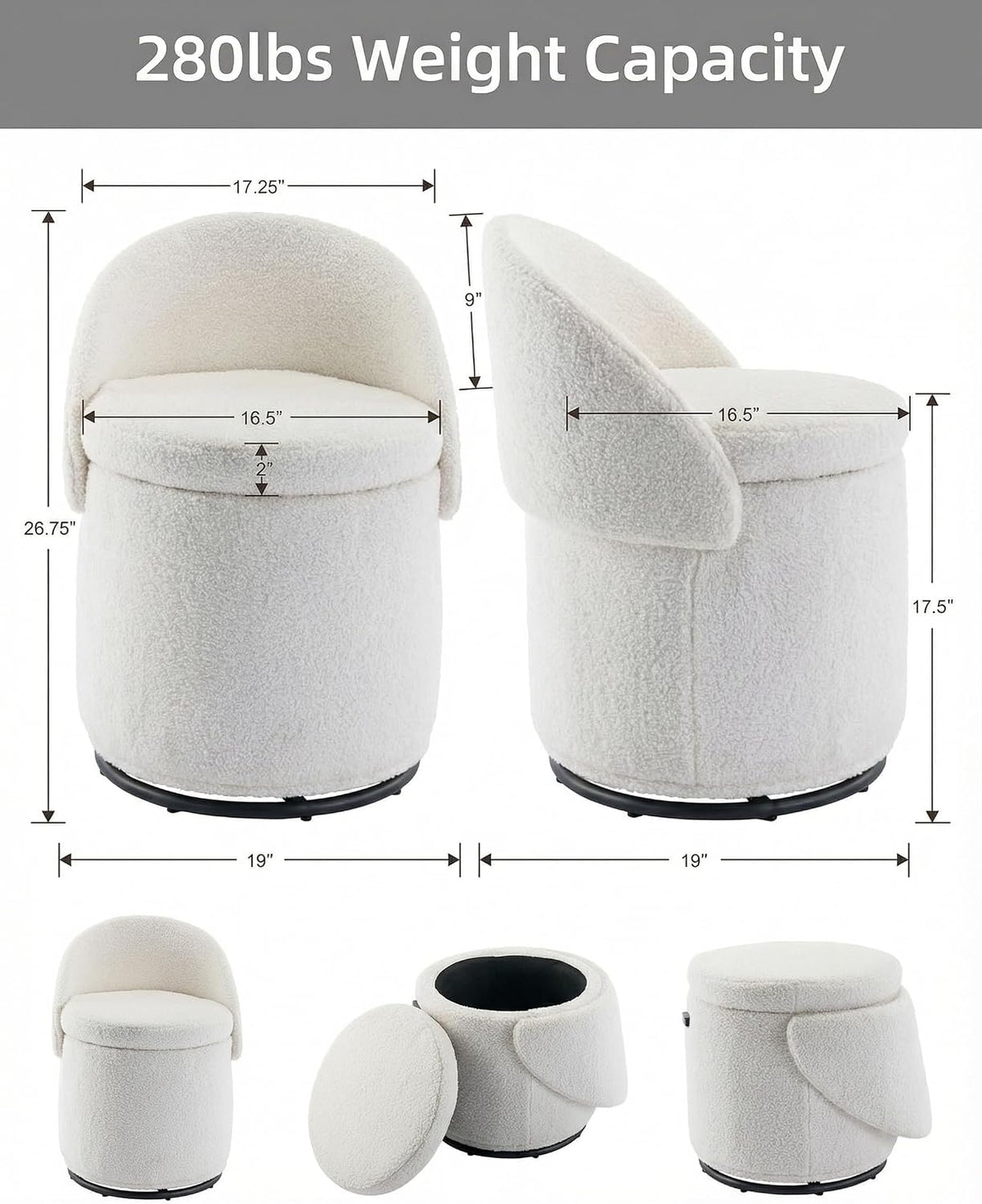 DUOMAY Modern Round Swivel Vanity Storage Stool with Foldable Backrest, Upholstered Ottoman with Removable Lid, Footrest Makeup Stool for Living Room Bedroom, Sherpa White