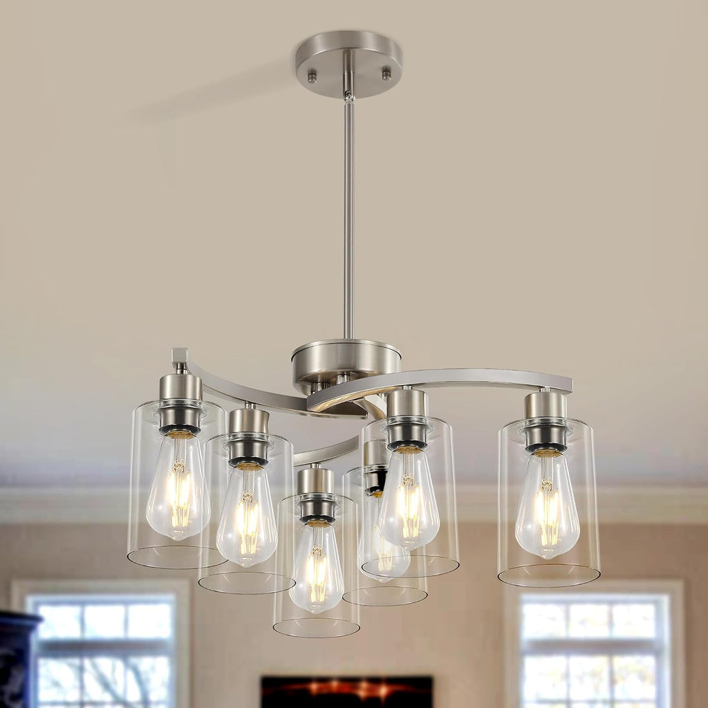 Sigaitwei 6 Light Farmhouse Brushed Nickel Chandelier,21.7" Modern Chandeliers for Dining Room Light Fixtures Over Table,Pendant Lights Kitchen Island,Metal Bracket with Downward Clear Glass Shade