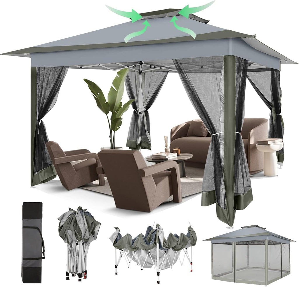 COBIZI 12x12 Pop Up Gazebos On Clearance - Portable Gazebo with Mosquito Nettings- Upgrade Easy Up Outdoor Canopy Waterproof, 4 Ropes 8 Stakes and Carry Bag for Patio Garden(Dark Gray)