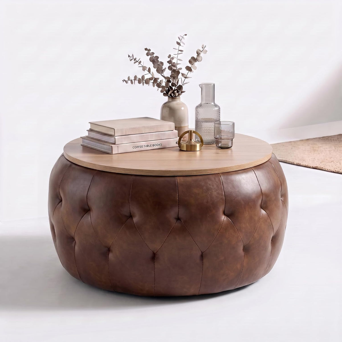 Round Ottoman with Storage, 25 Inches Wooden Top Coffee Table for Living Room, Modern Upholstered Side Table, Multifunctional Faxu Leather Surface Footstool(Brown)