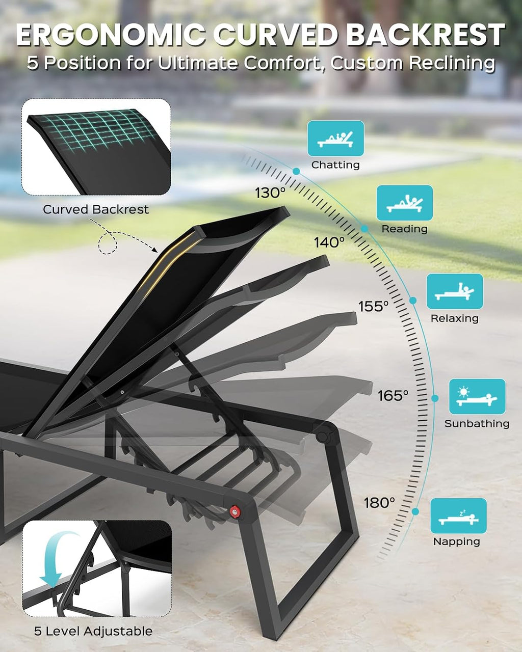 Aluminum Chaise Lounge Chair Outdoor, Foldable& No Assembly Patio Pool Lounge Chairs 5-Position Recliner for Outside, Fully Grounded Legs Sun Lounger for Poolside, Black