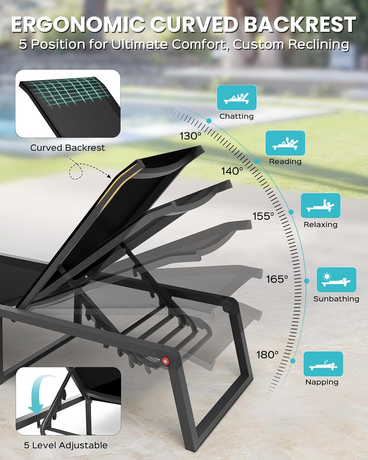 Aluminum Chaise Lounge Chair Outdoor, Foldable& No Assembly Patio Pool Lounge Chairs 5-Position Recliner for Outside, Fully Grounded Legs Sun Lounger for Poolside, Black