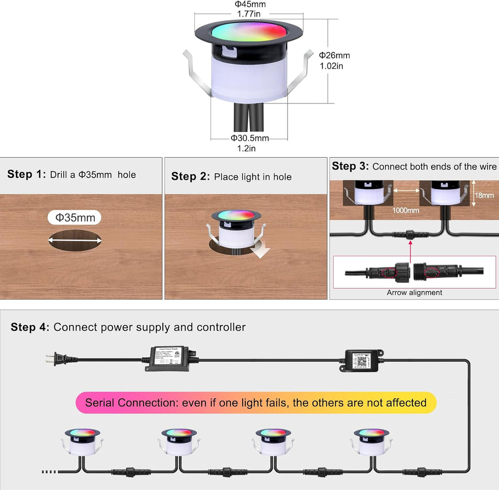Recessed LED Deck Lights Kit, 10 Pack Φ1.77 WiFi Pixel RGBW+IC Multicolor