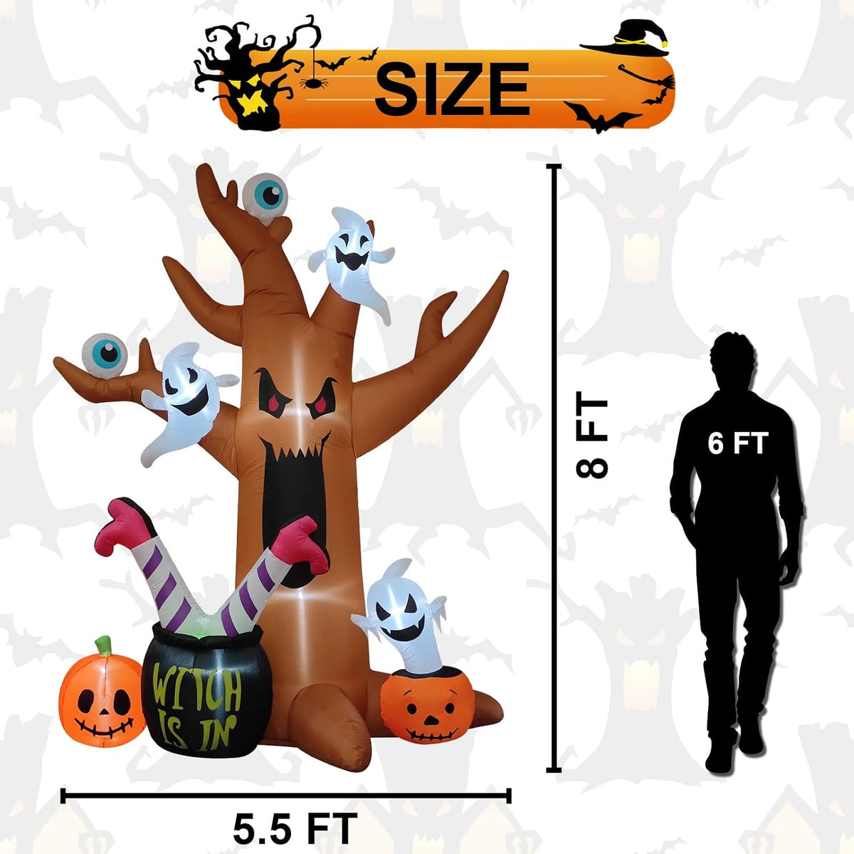 8 Ft Halloween Inflatables Outdoor Decorations - Outdoor Spooky Halloween Tree with Blow up Ghosts, Eyeballs, Pumpkins, Cauldron & Witch Legs - Built-in LED Lights for Outdoor Lawn Decor