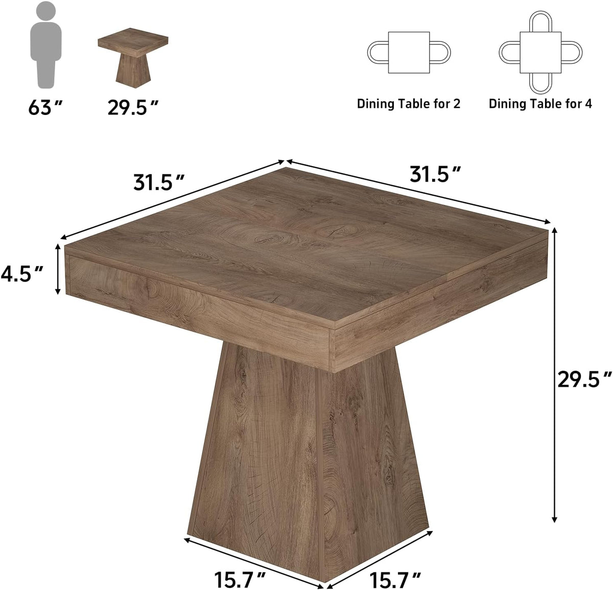 Small Dining Table, 31.5-inch Dinner Table for 2-4 People, Square Kitchen Table with Load-Bearing Trapezoidal Base, for Home, Dining Room, Small Space, Brown