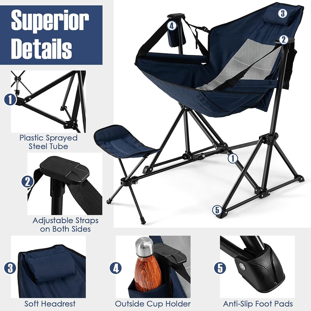 GIANTEX Outdoor Hammock Camping Chair - Rocking Chair with Removable Footrest, Adjustable Backrest, Pillow, Cup Holder, Storage Bag, Portable Fishing Chair for Poolside Patio Folding Chair (2, Navy)