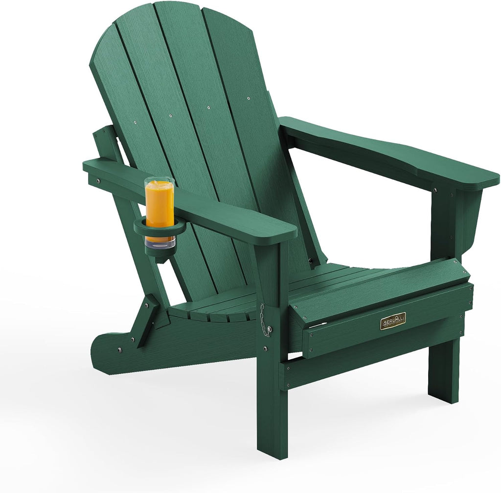 SERWALL Folding Adirondack Chair with Cup Holder, Outdoor Fire Pit - Green