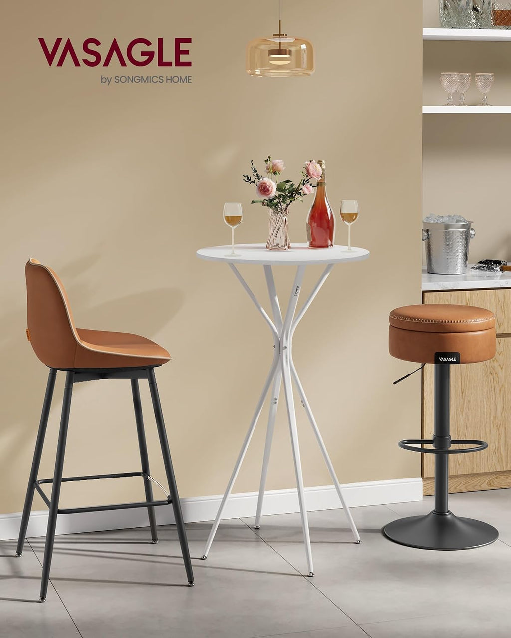 vasagle bar table, round cocktail high top pub shown in use