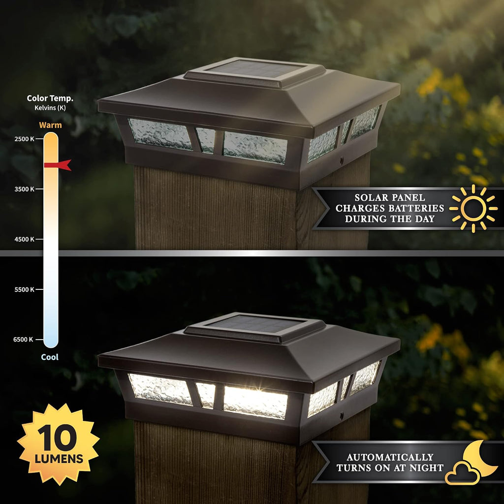 Classy Caps Oxford Solar Post Cap - Fits 6"x6", 5.5"x5.5", and 5"x5" Deck & Fence Posts - Heavy-Duty Brown Cast Aluminum & Glass