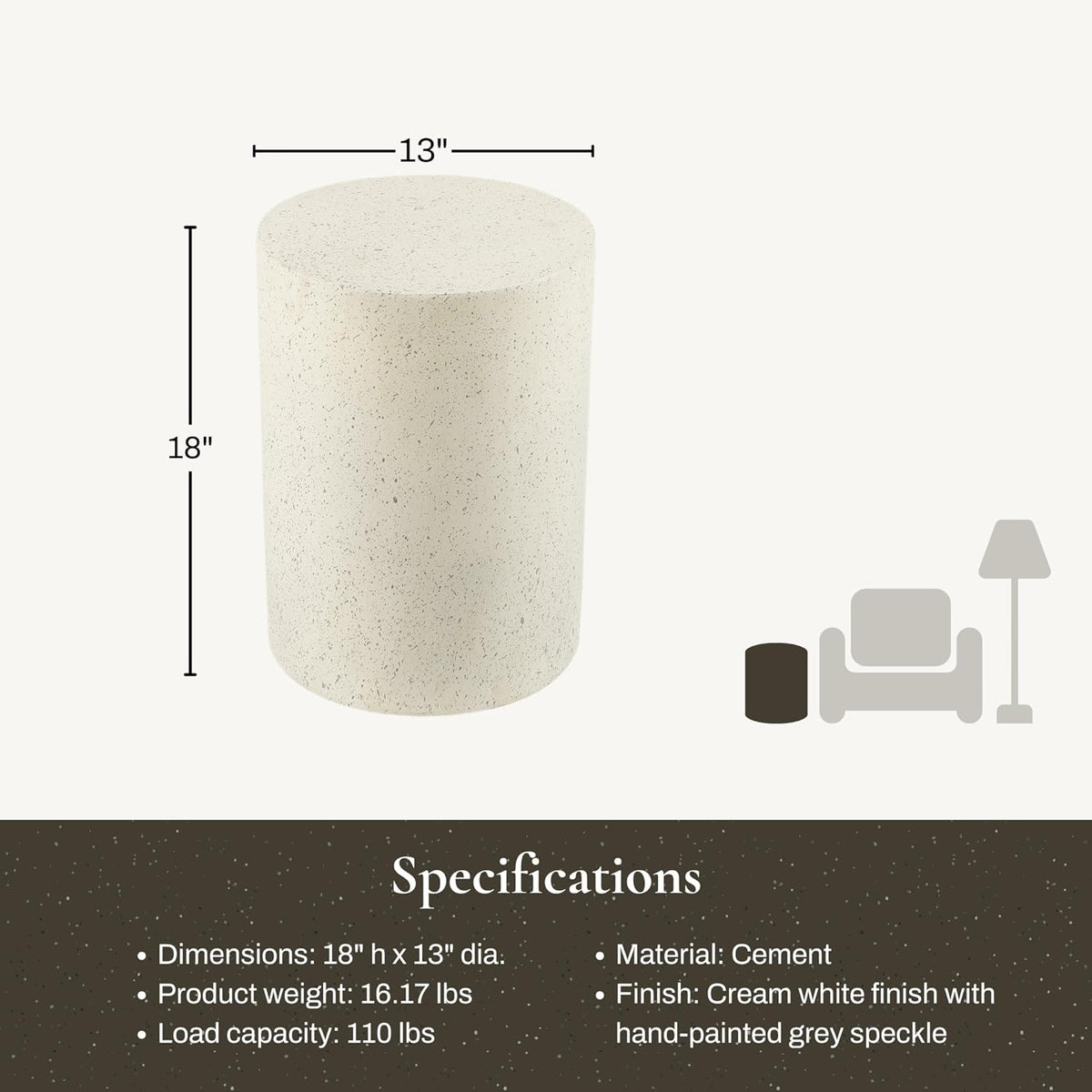LuxenHome 18" Cement Outdoor Side Table, Modern Round Patio End Table