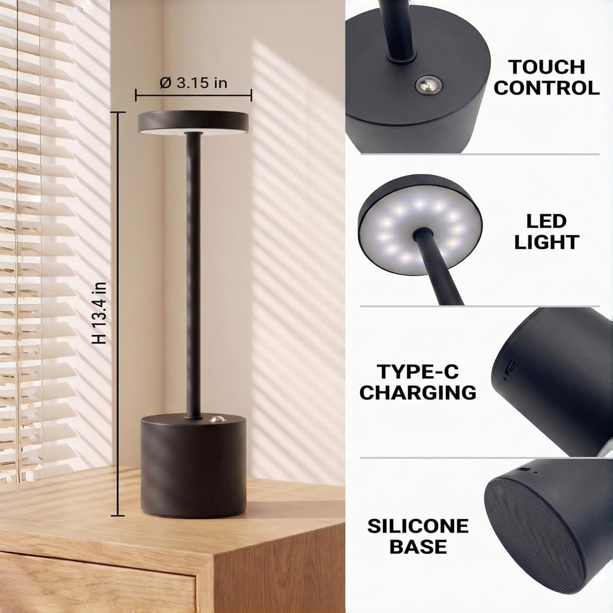 cordless table lamp set of 2, black rechargeable, view 10