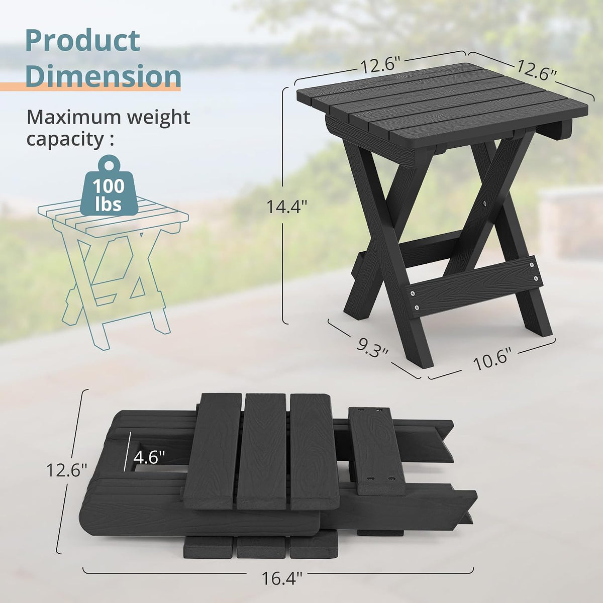LUE BONA Small Outdoor Folding Side Table HDPS 14 Inch Height, Black