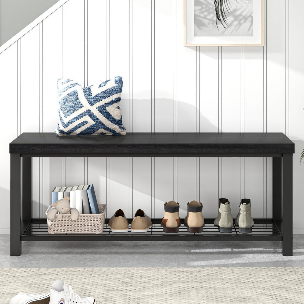 EXCEFUR Entryway Bench, Modern Wood and Metal Storage Bench for Hallway Front Door Entrance, Industrial Indoor Shoe Rack Bench Seat for Bedroom Living Room, 43.3 Inch Black