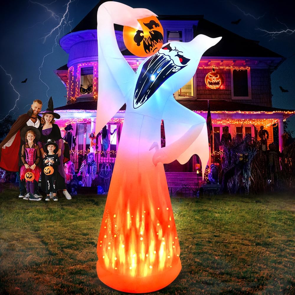 10 FT Halloween Inflatables Ghost with Pumpkin Decoration, Built in Flame Rotation LEDs Huge Halloween Inflatable Large Spooky Blow Ups Halloween, Party, Indoor, Outdoor, Garden, Yard Lawn