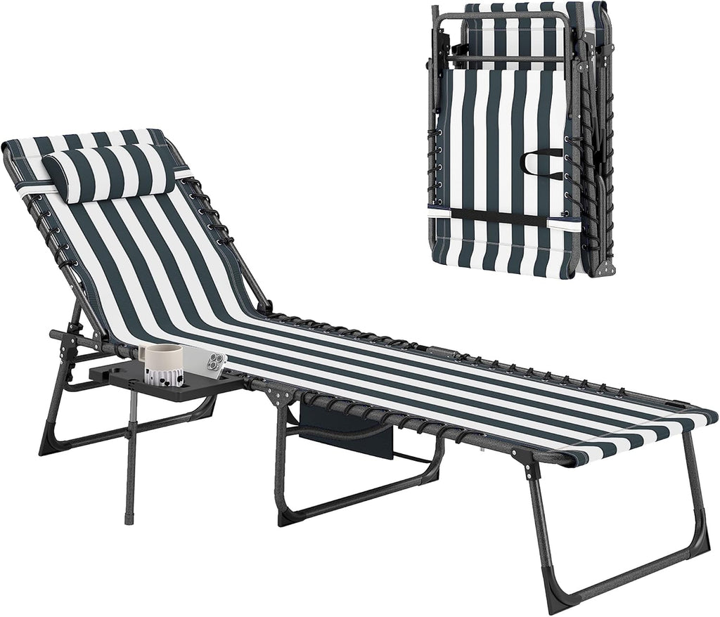 Outsunny Folding Chaise Lounge Chair Outdoor Tanning Chair Blue and White