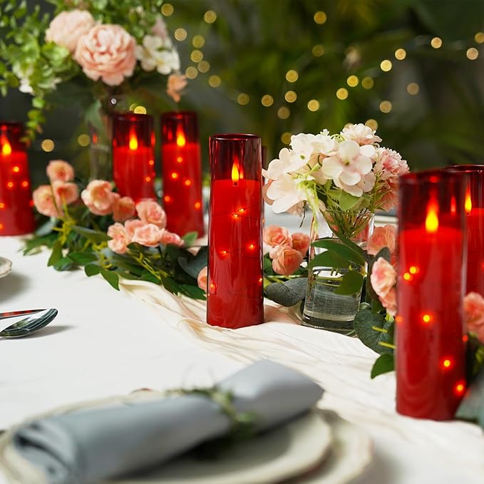 Raycare Flameless Candle with Remote Timer – 9 Flickering Acrylic Battery Operated LED Pillar Candles with Embedded Star String for Halloween, Home Decor, and as a Gift (Red) (9 Pcs)