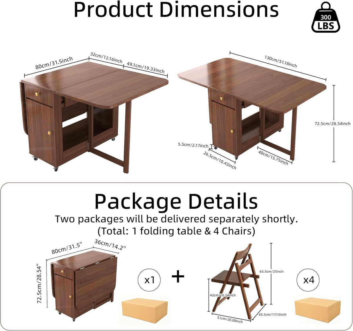 Folding Dining Table and Chairs - 51" Fully Assembled Drop Leaf Table 4-6 Seater with Storage and Lockable Wheels, Space-Saving Set with 4 Chairs for Kitchen or Dining Room (Walnut)