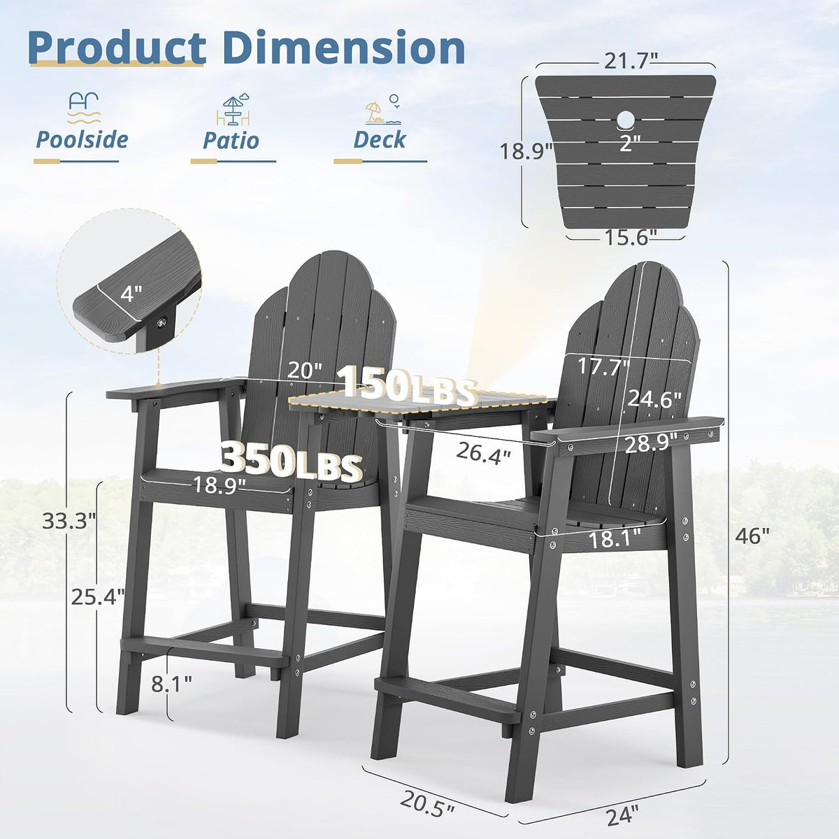 LUE BONA Tall Adirondack Chair Set of 4, HDPS Bar Height Chairs, Dark Gray
