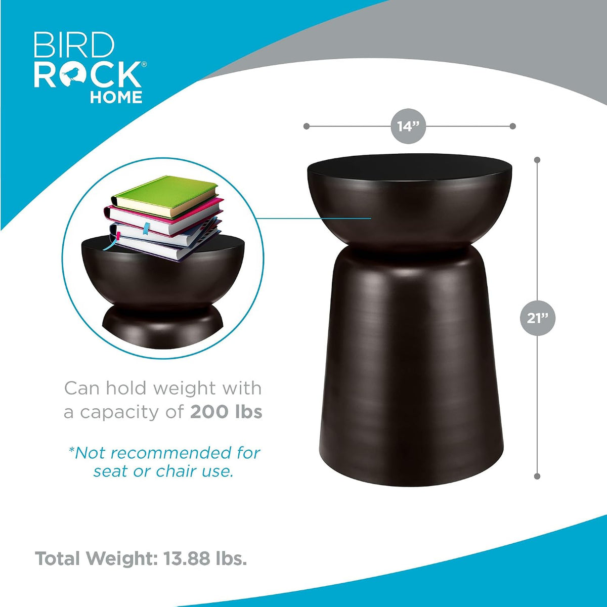BIRDROCK HOME Metal Decorative Garden Stool and Outdoor Accent Side Table - Modern Industrial Round End Table for Home Furniture, Porch, Patio Decor, Garden, Deck - Dark Antique Bronze, 14" H x 14" D
