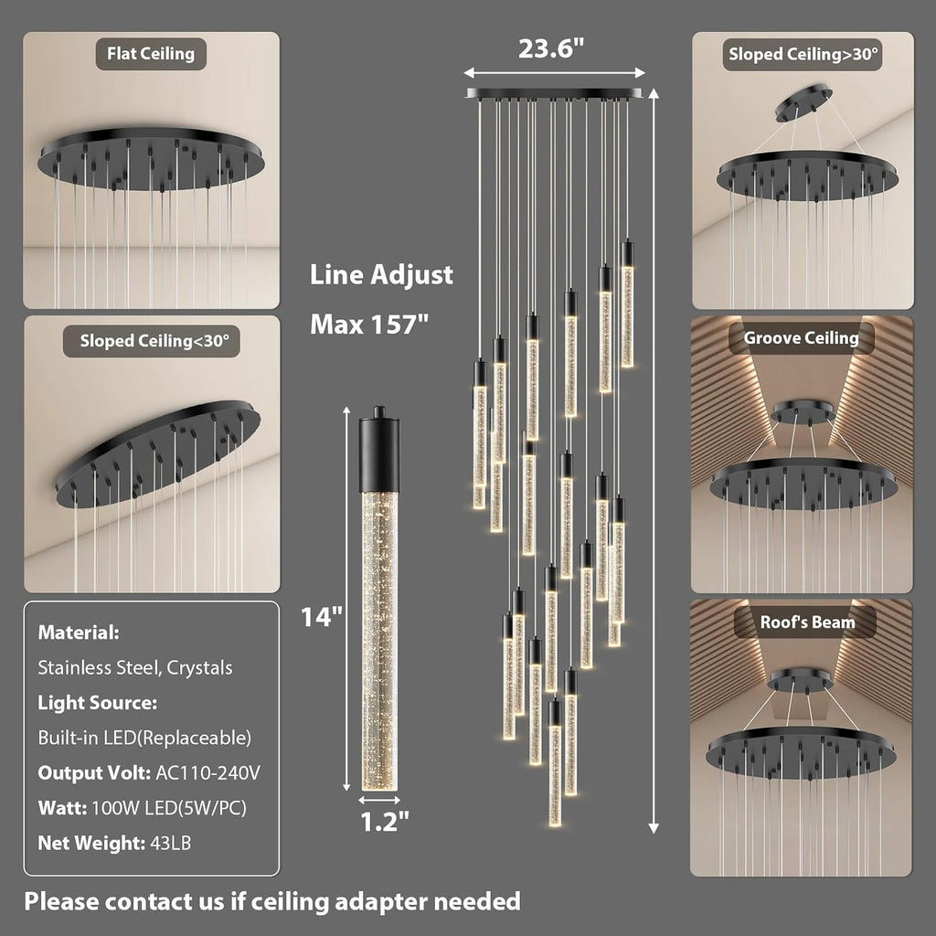 High Ceiling Crystal Staircase Chandelier: 20 Lights Black Foyer Lighting
