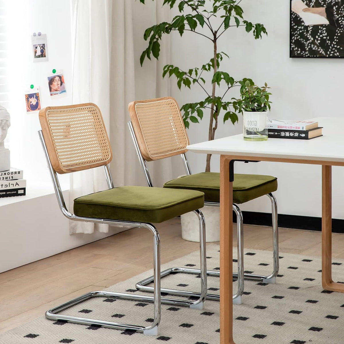 MFFM Rattan Dining Chairs Set of 2, Green Velvet Dining Room Chair with Solid Back and Chrome Legs, Modern Mid Century Designed Chairs for Dining,Living Room,Kitchen Chairs (Olive Green-2pcs)