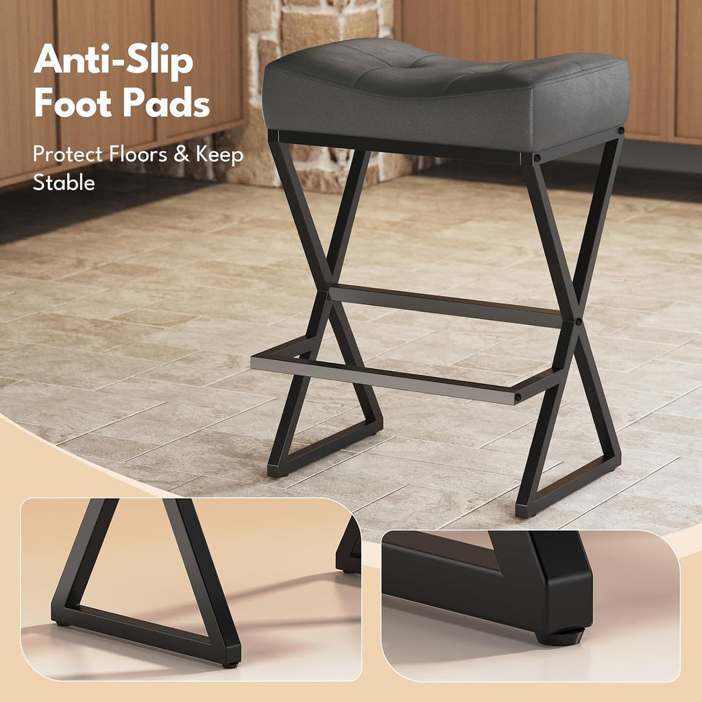 Counter Height Bar Stools Set of 2, Backless 26" Saddle Barstools, Grey