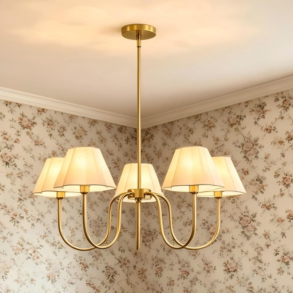 Brass Gold Chandeliers for Dining Room, 28"Light Adjustable Antique Modern Gold Chandelier Light Fixture with Scalloped Linen Fabric Shade, Classic Kitchen Pendant Lights over Table for Bedroom
