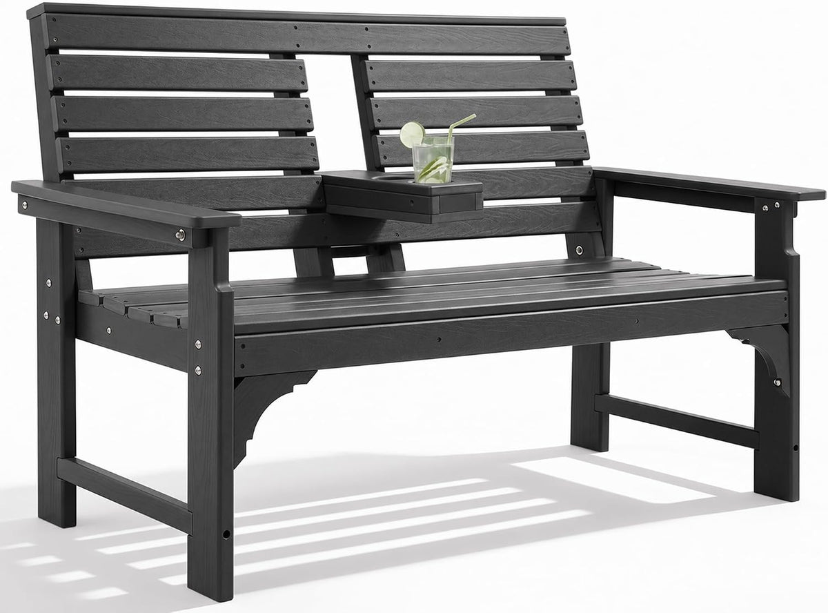 Outdoor Bench, HDPE 2-Person Garden Bench with Cup Holders
