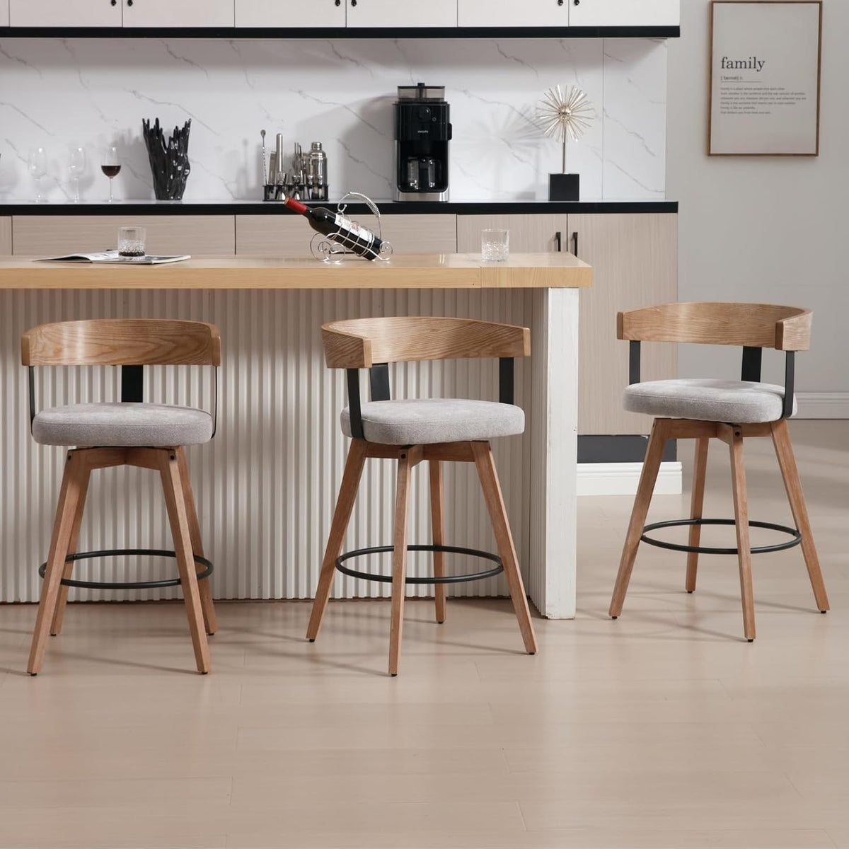 LukeAlon 26" Seat Height Swivel Linen Counter Stools Set of 3, Grey
