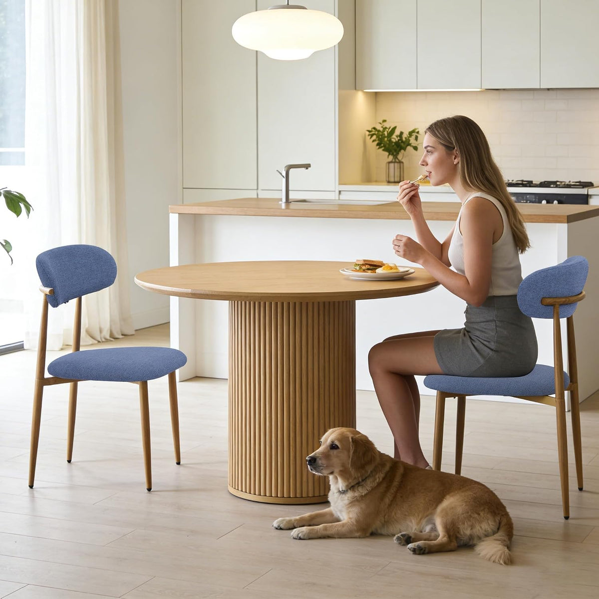 FREKEN Modern Upholstered Dining Chairs Set of 4, Mid-Century Metal Frame with Wood Grain, Linen Fabric Side Chair for Kitchen Dining Room, 350lbs Capacity, Blue