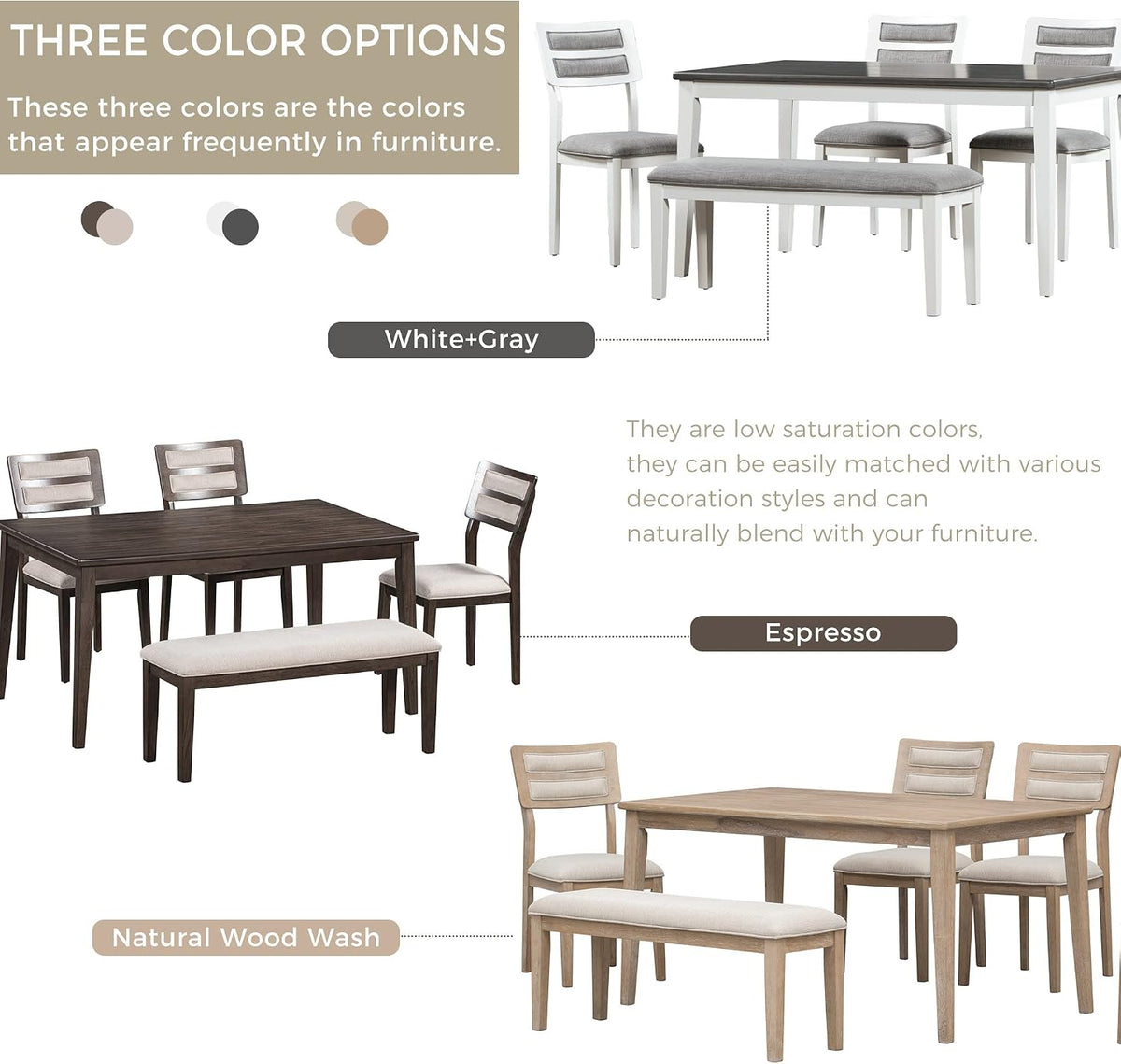 Harper & Bright Designs Kitchen Dining Table Set for 6, Classic and Traditional Style 6 Piece Kitchen Dining Table Set, 4 Upholstered Chairs & Bench (White+Gray)