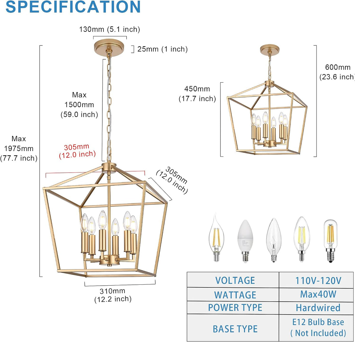gold farmhouse chandelier, 6-light lantern pendant light fixture, package contents