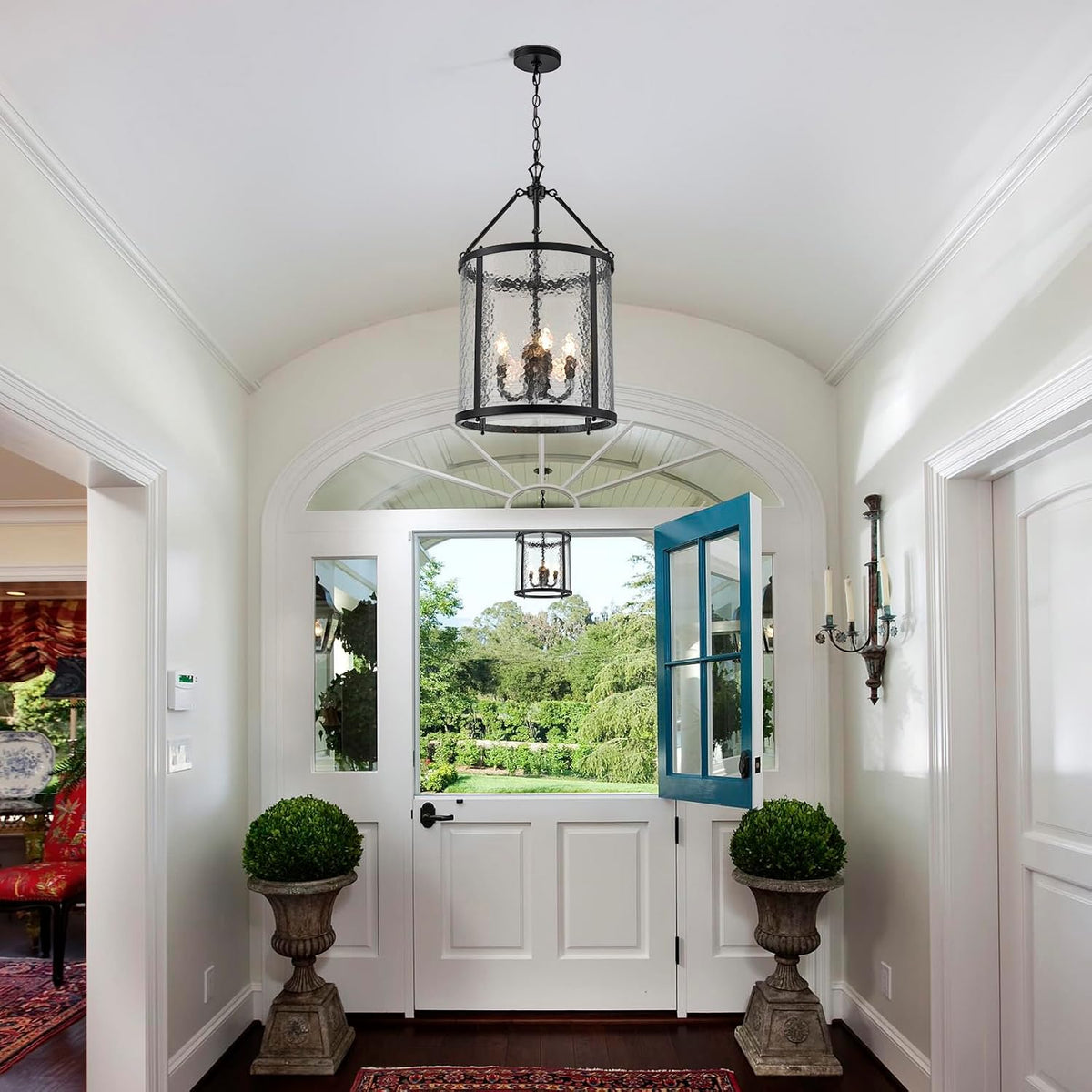 lingkai modern black chandelier, 4-light water ripple glass shown in use