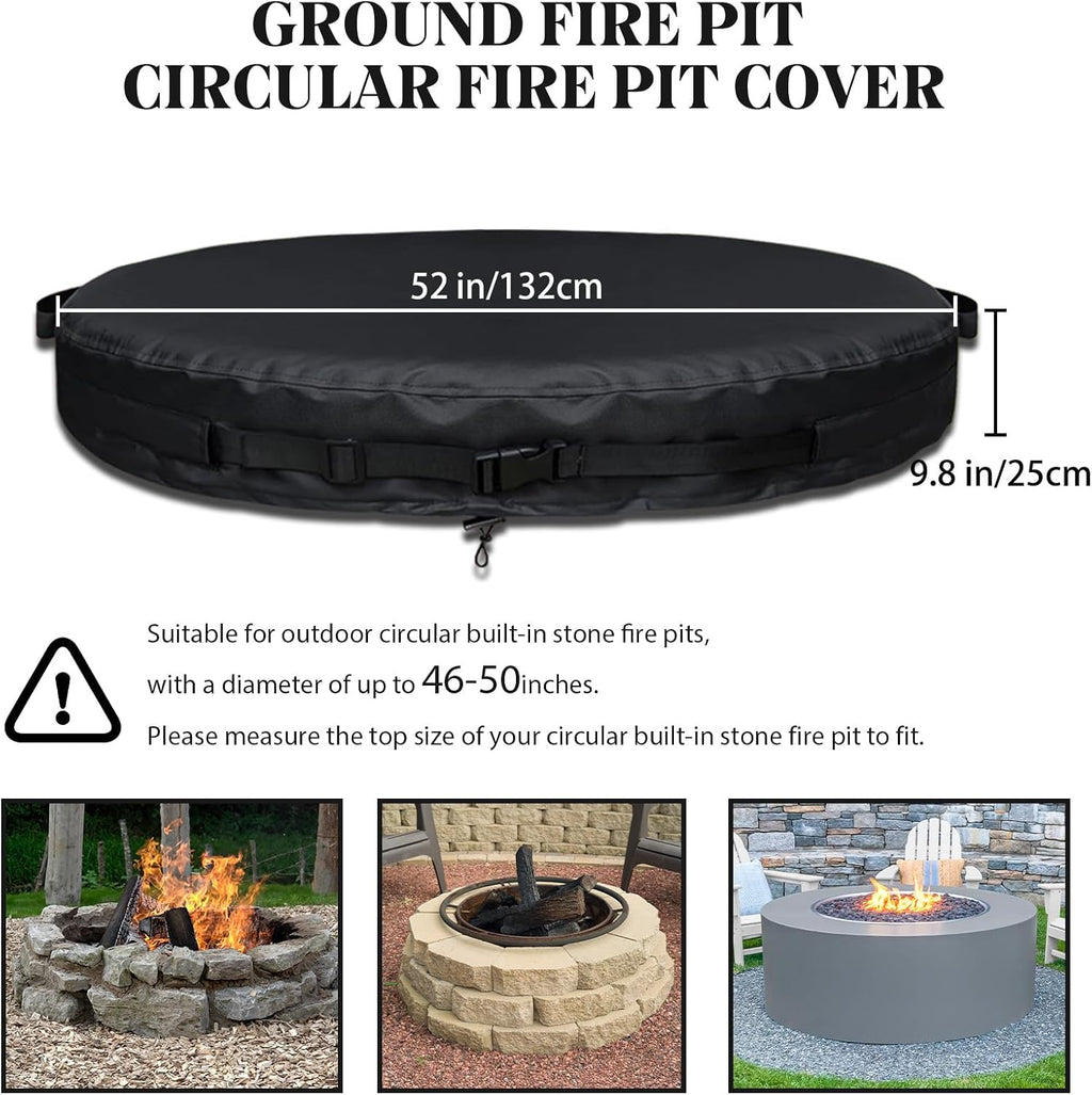 51-74.8" Round Fire Pit Cover Heavy Duty 600D Oxford Waterproof Outdoor Firepit Cover with Adjustable Buckle Strap for In-Ground Built-In Stone/Gas Fire Pits (BLACK, 51")