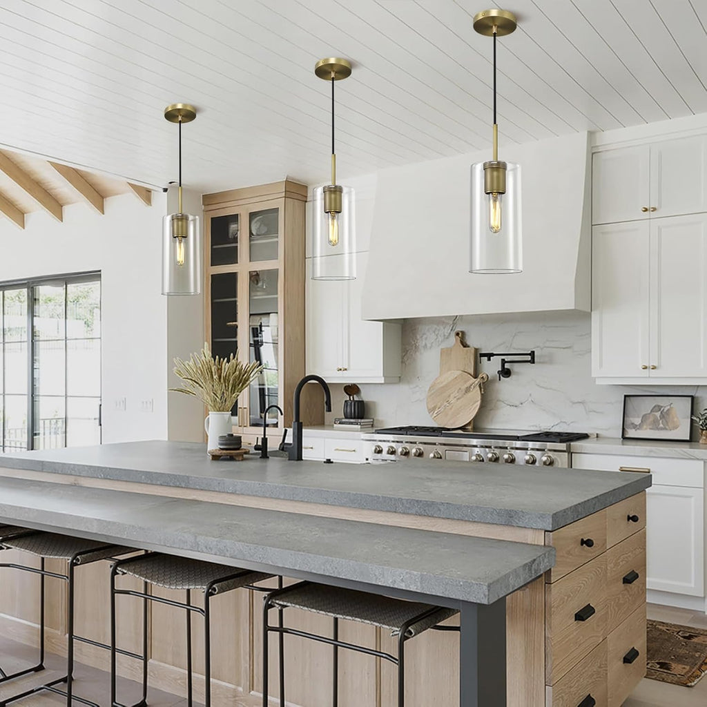 Modern Brass Pendant Lights Kitchen Island Glass Pendant Light Fixtures, 9.5'' Farmhouse Clear Glass Cylinder Pendant Light, Gold Kitchen Pendant Lighting over Island Sink, E26 Bulb Included