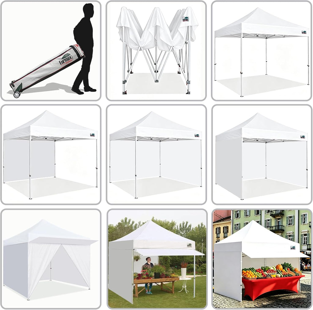 Eurmax USA 10x10 Pop Up Canopy,Commercial Tent with Patented No-Tip Rolling Bag,30sqft Extension Awning & 4 Zippered Removable Walls,UV & Water Resistant,Heavy Duty Instant Shelter Gazebo,White