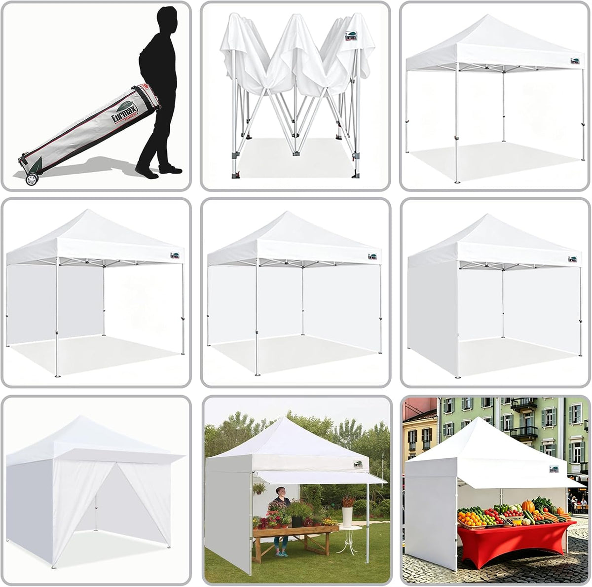 Eurmax USA 10x10 Pop Up Canopy,Commercial Tent with Patented No-Tip Rolling Bag,30sqft Extension Awning & 4 Zippered Removable Walls,UV & Water Resistant,Heavy Duty Instant Shelter Gazebo,White