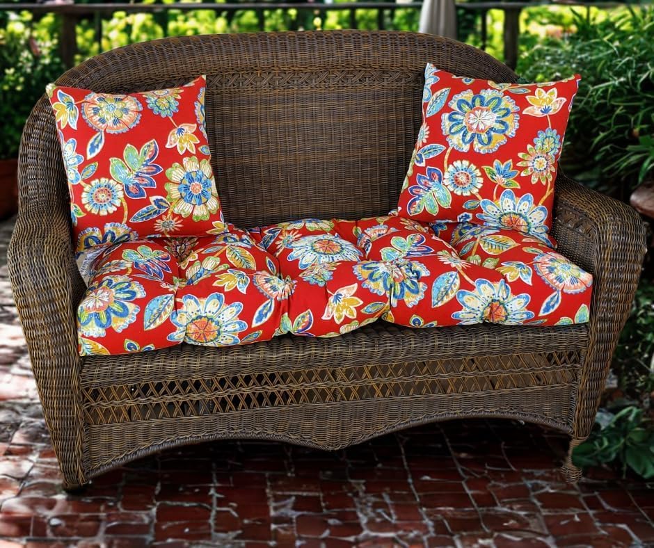 RSH DCOR Tufted Wicker Loveseat Settee Bench Cushion & Pillow Set of 2 | 41" W x 19" D and 17" x 17" | Hypoallergenic Poly Fiberfill | Indoor Outdoor | American Made | Daelyn Cherry