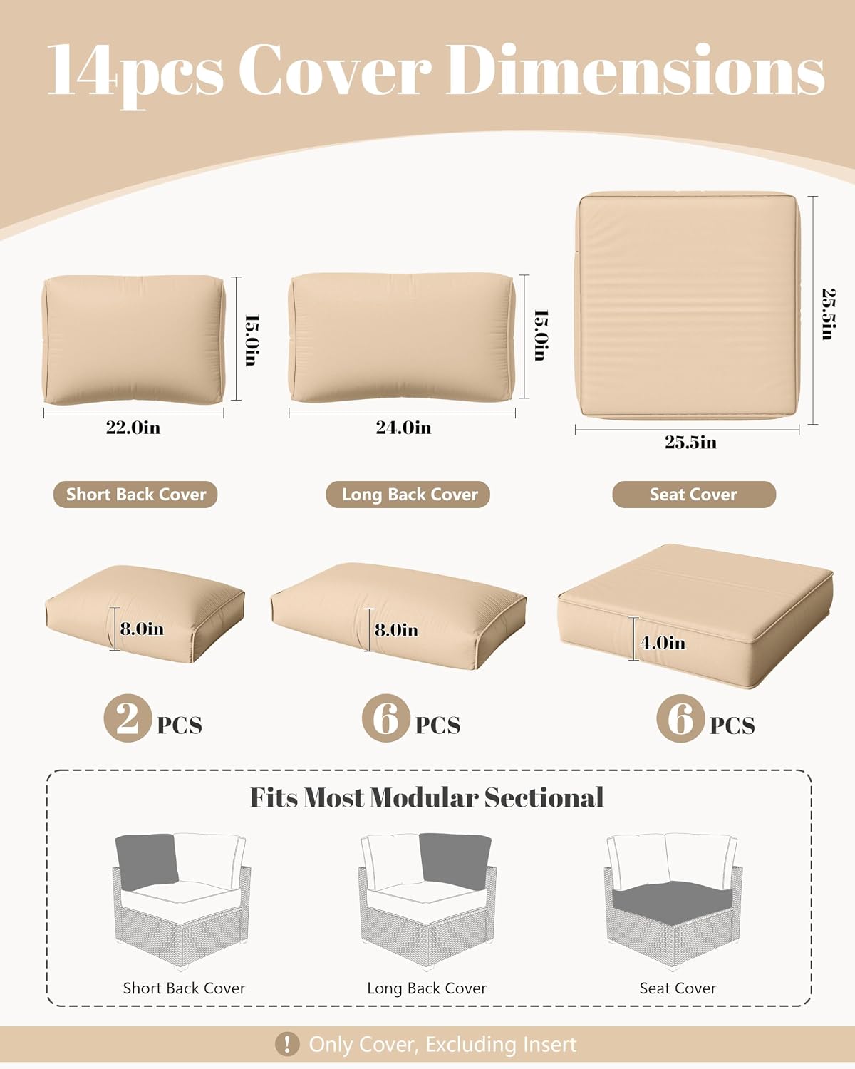14 Pcs Outdoor Cushion Slipcovers Outdoor Patio Cushion Covers Replacement Waterproof with Zipper for Outdoor Furniture, Patio Sofa Couch 3 Sizes, Covers Only