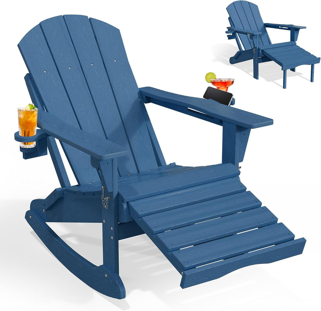 PLUUV Folding Adirondack Rocking Chair with Retractable Ottoman, Navy Blue