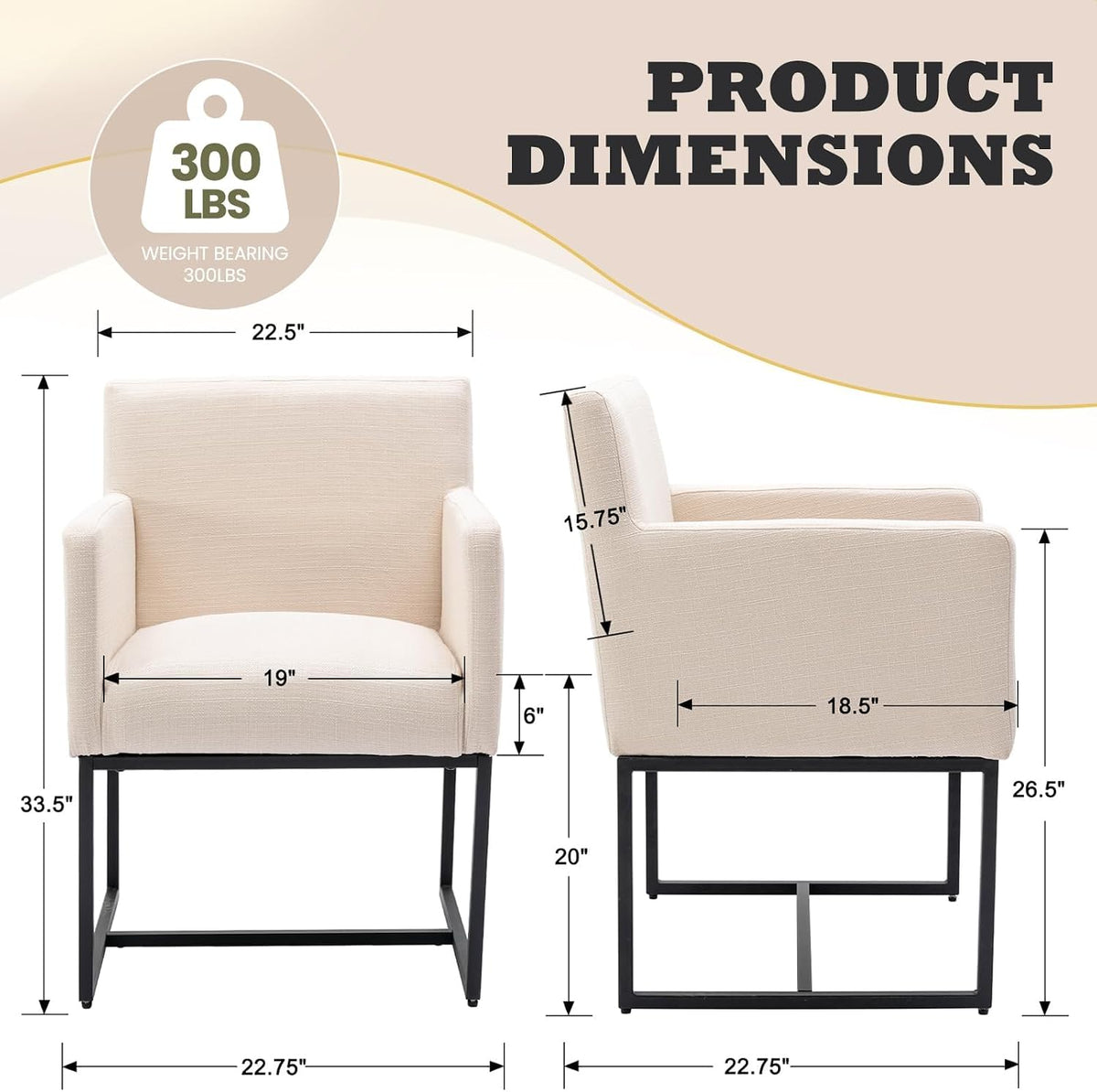 HNY Mid Century Modern Upholstered Dining Chairs with Arms Set of 6, Linen Accent Chairs with Black Finish Metal Frame, 19" Wide Arm Chairs for Living Room Kitchen Bedroom, Cream