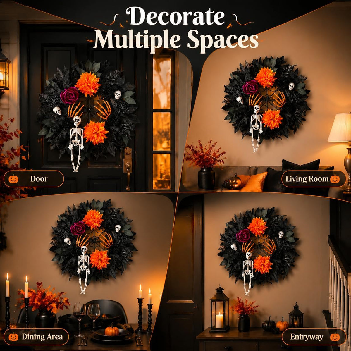 24in Halloween Wreath for Front Door, Black Pumpkin Skull Gothic Door Decor