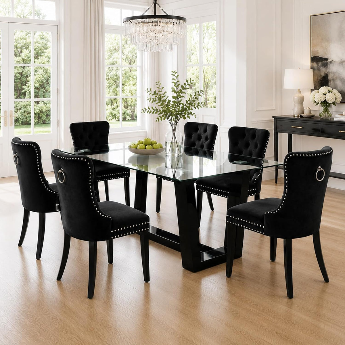 Ebullient Glass Dining Table, Modern Dining Table, 63" Tempered Glass Tabletop with Black MDF Trapezoid Legs, Rectangle Kitchen Table for 4-6 Person, Ideal for Kitchen, Dining Room, Home, Apartment