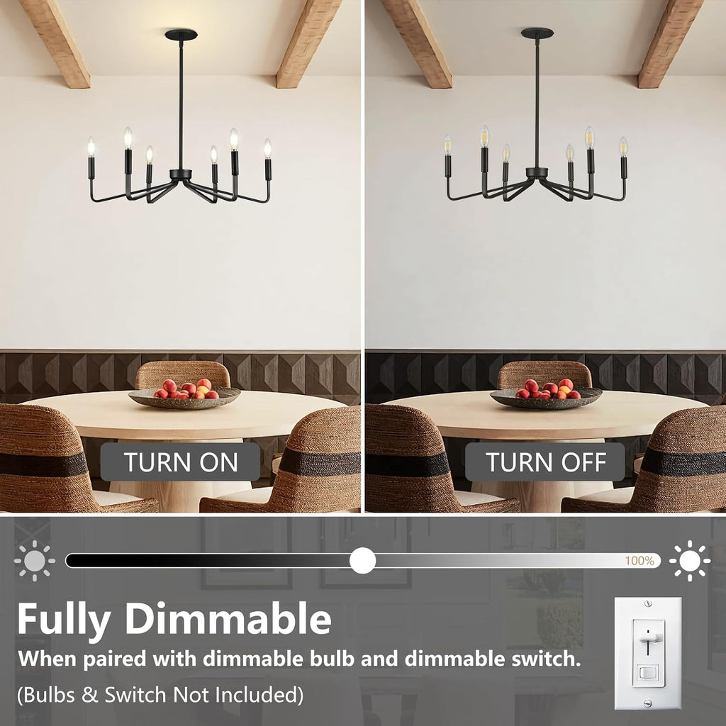 6-Light 26" Farmhouse Black Candle Chandelier for Dining Room