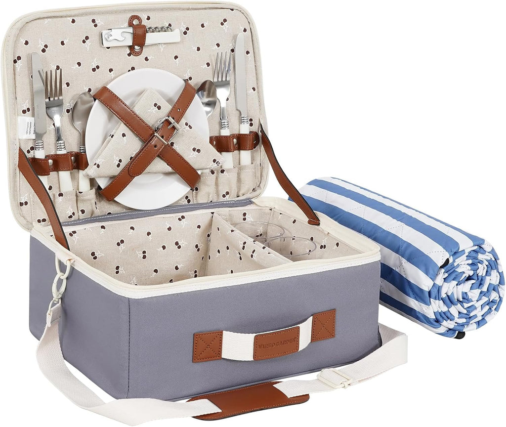 Picnic Basket for 2-Picnic Basket with Waterproof Blanket & Accessories