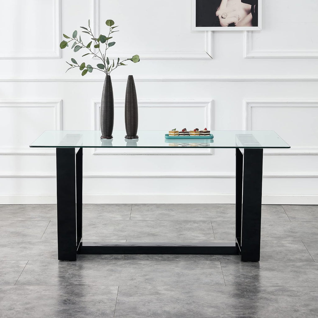 Ebullient Glass Dining Table, Modern Dining Table, 63" Tempered Glass Tabletop with Black MDF Trapezoid Legs, Rectangle Kitchen Table for 4-6 Person, Ideal for Kitchen, Dining Room, Home, Apartment