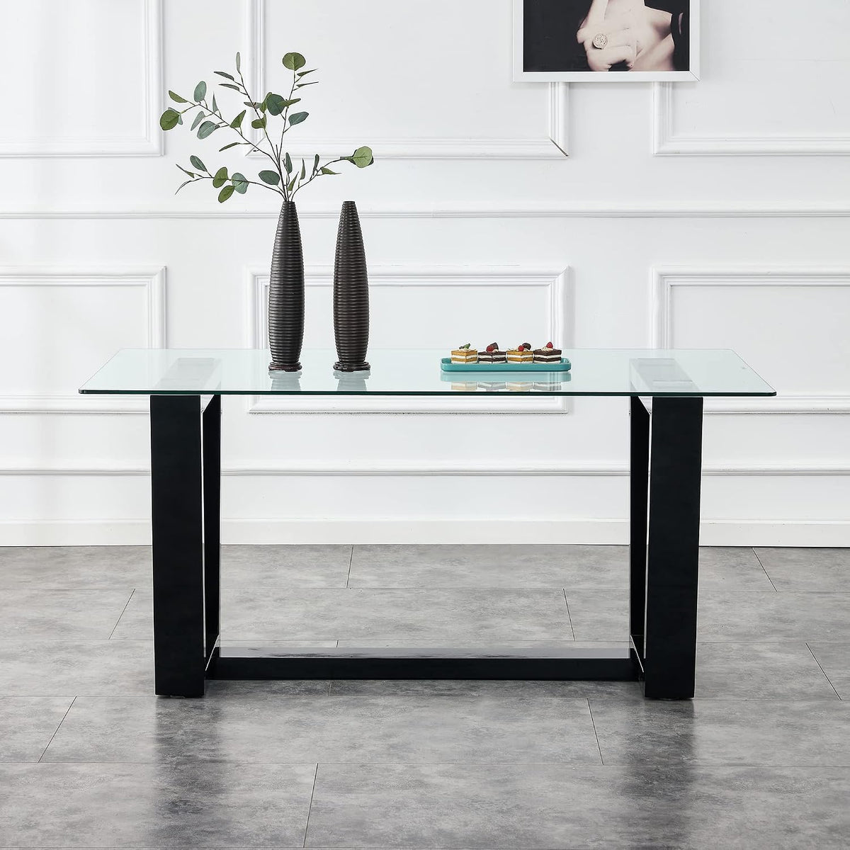 Ebullient Glass Dining Table, Modern Dining Table, 63" Tempered Glass Tabletop with Black MDF Trapezoid Legs, Rectangle Kitchen Table for 4-6 Person, Ideal for Kitchen, Dining Room, Home, Apartment
