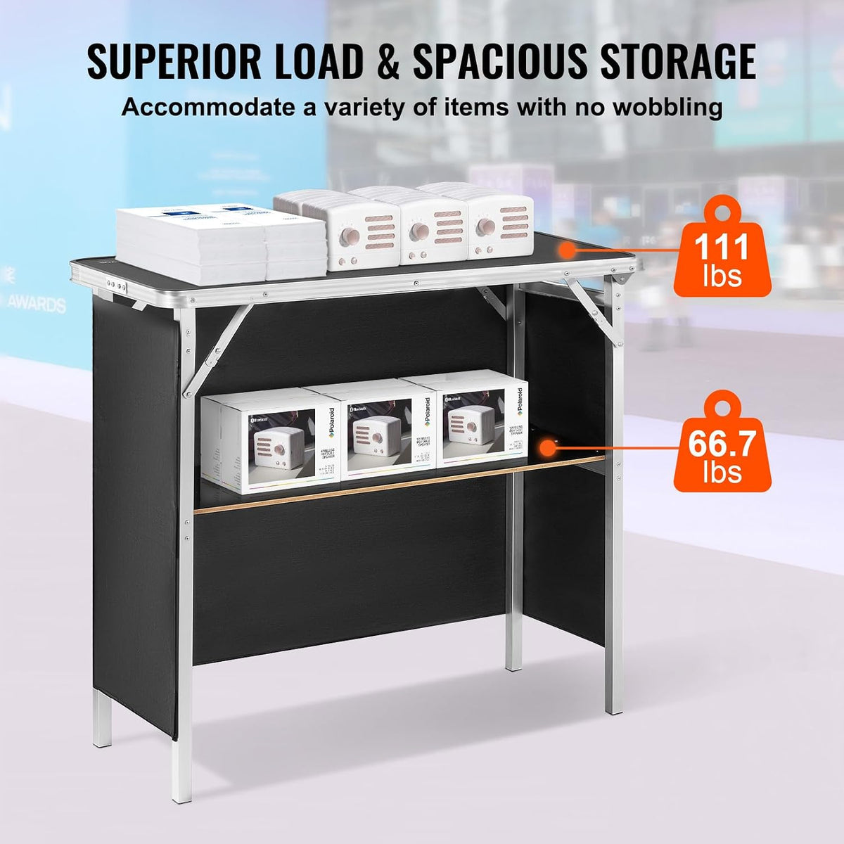 VEVOR Folding Portable Bar Table, Tradeshow Podium Table for Indoor, Outdoor, Party, Picnic, Exhibition, Includes Carrying Case, Storage Shelf and Black Skirt, 38.39" x 15.16" x 34.25"