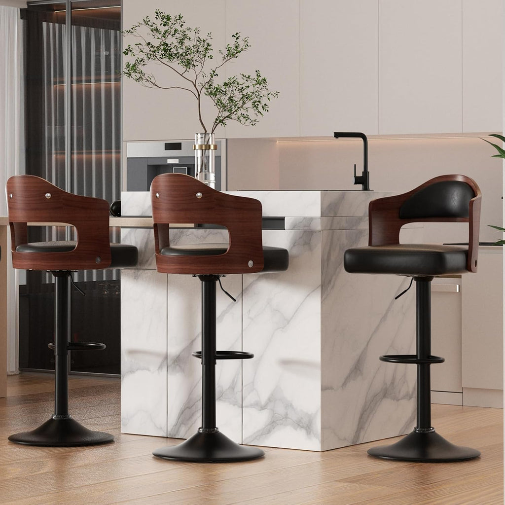 Nalupatio Modern Bar Stools Set of 3, Faux Leather Upholstered Swivel Bar Stools, Adjustable Counter Height Bar Chairs with Back for Kitchen Dining Room, Black